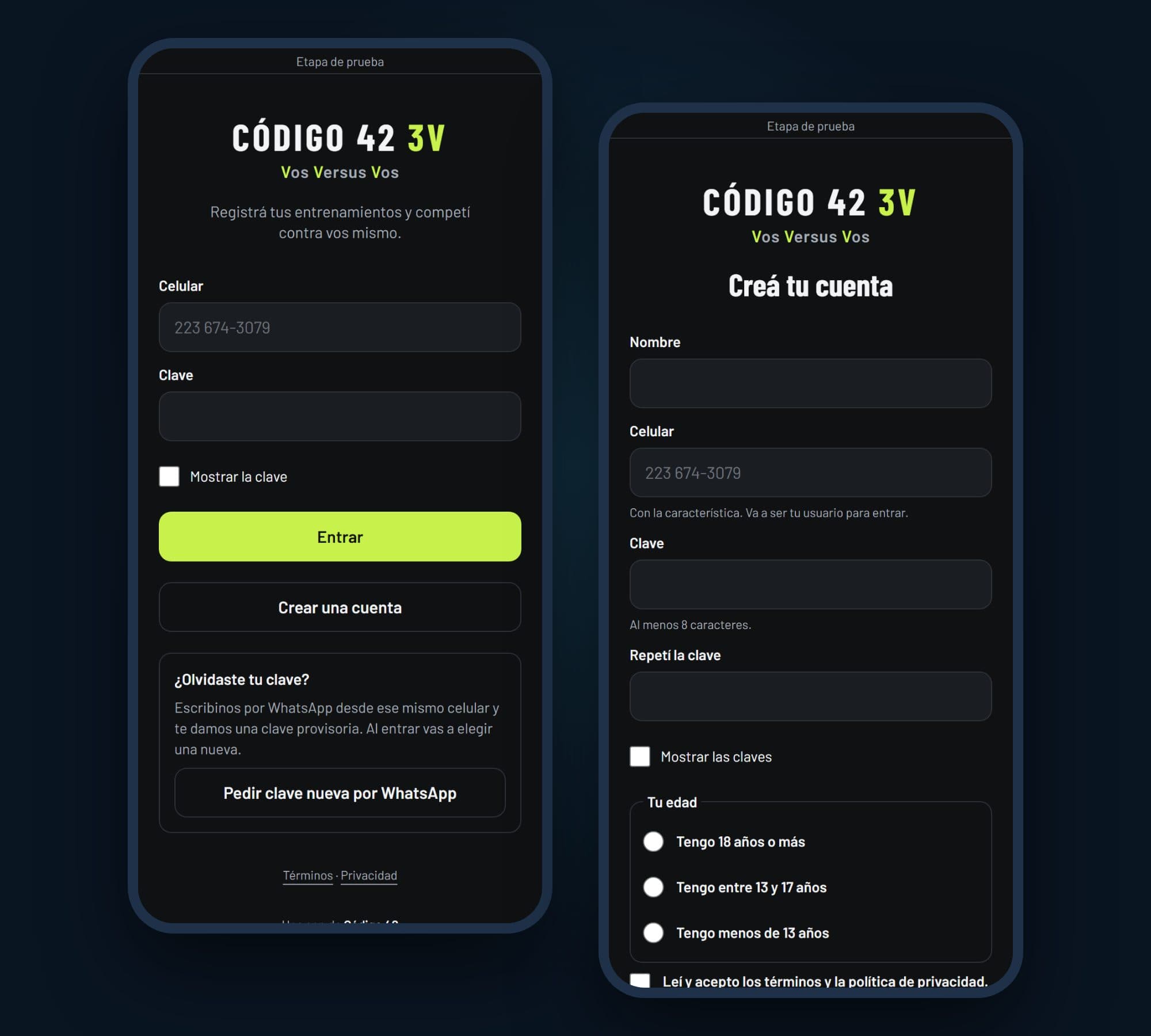 Código 42 3V en el celular: la pantalla de ingreso y la de crear una cuenta
